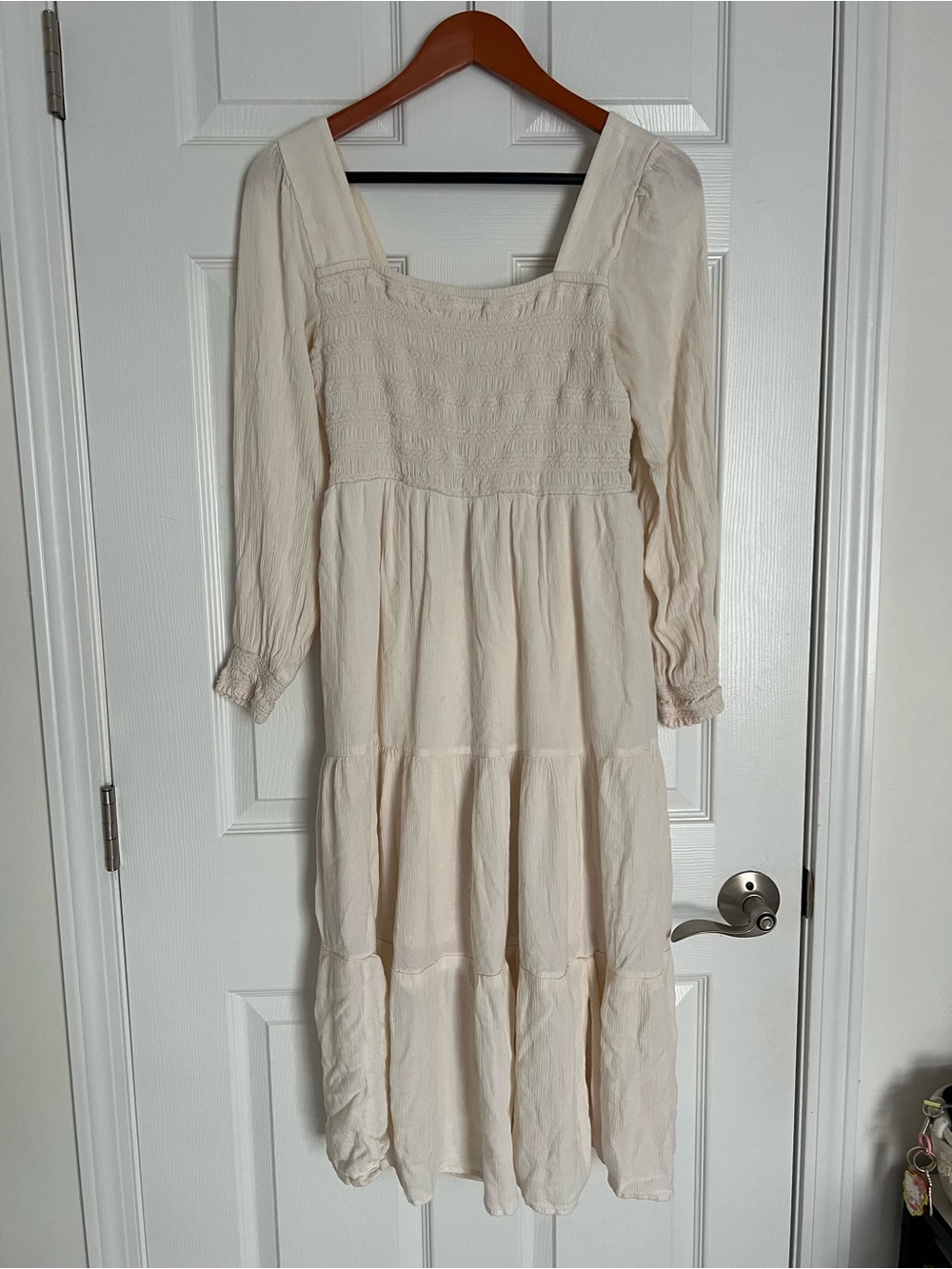 American Eagle Outfitters Cream Smocked Tiered Maxi Dress